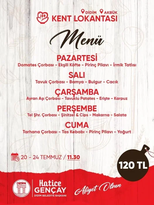 Didim Akbük Kent Lokantası ucuz ve kaliteli 4 çeşit yemek menüsü.