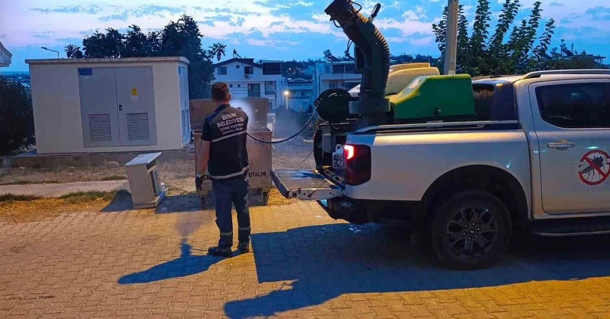 Didim Belediyesi ekiplerinin Akbük rögarlarında yürüttüğü haşere ilaçlama çalışması.
